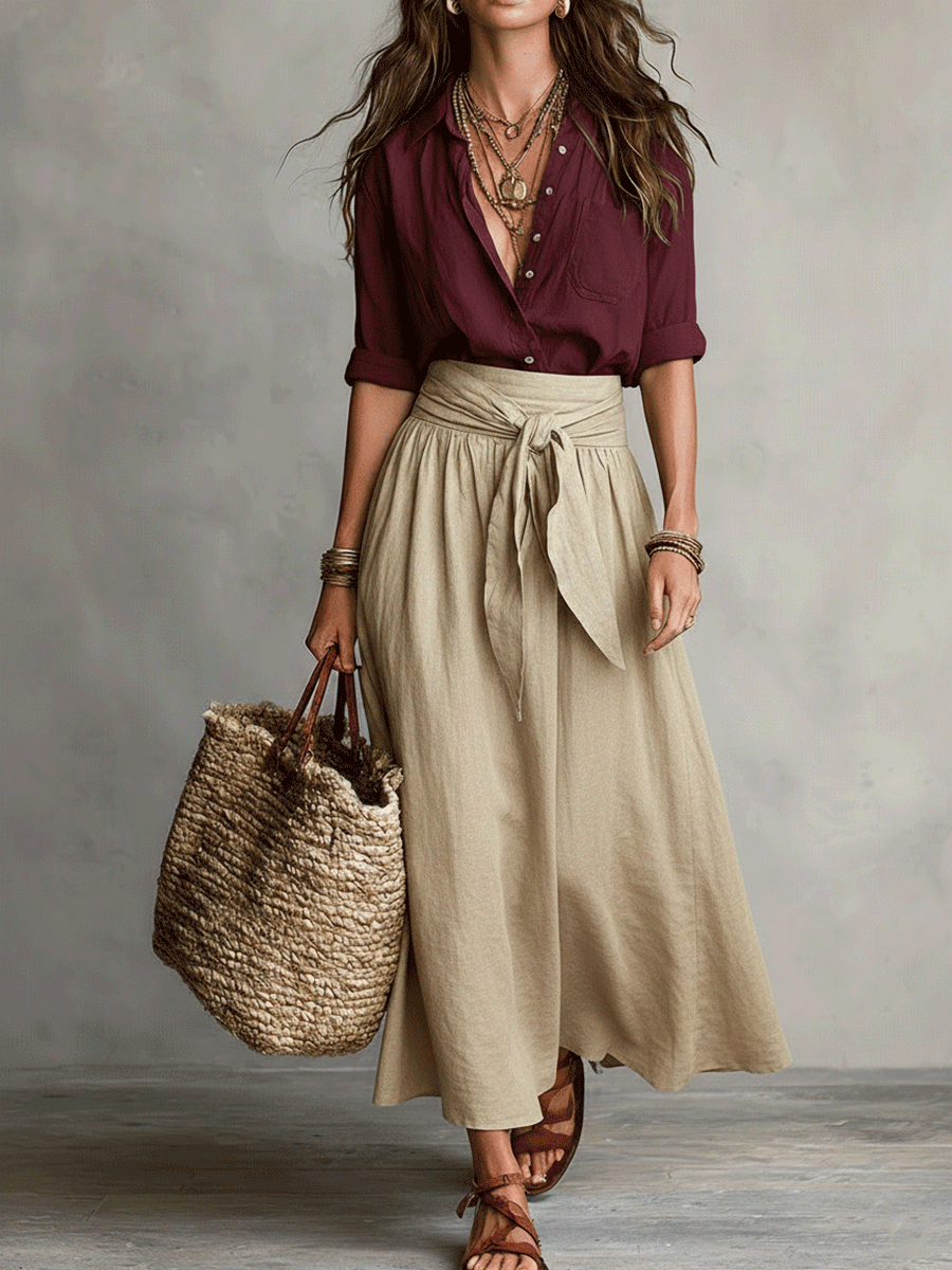 Moeiteloze Boho Zwarte Blouse & Olijf Midi Rok Set