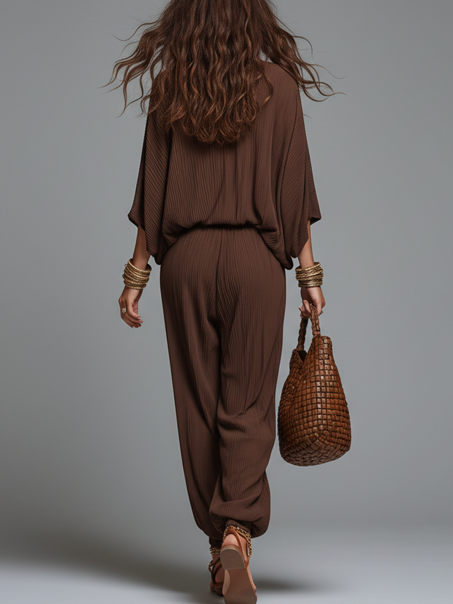 Warme Espresso Textuur V-Hals Batwing Mouw & Harem Broek Co-ord Set