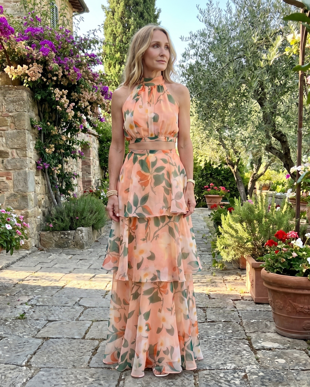 Mique | Halter maxi-jurk met cut-out en laagjes