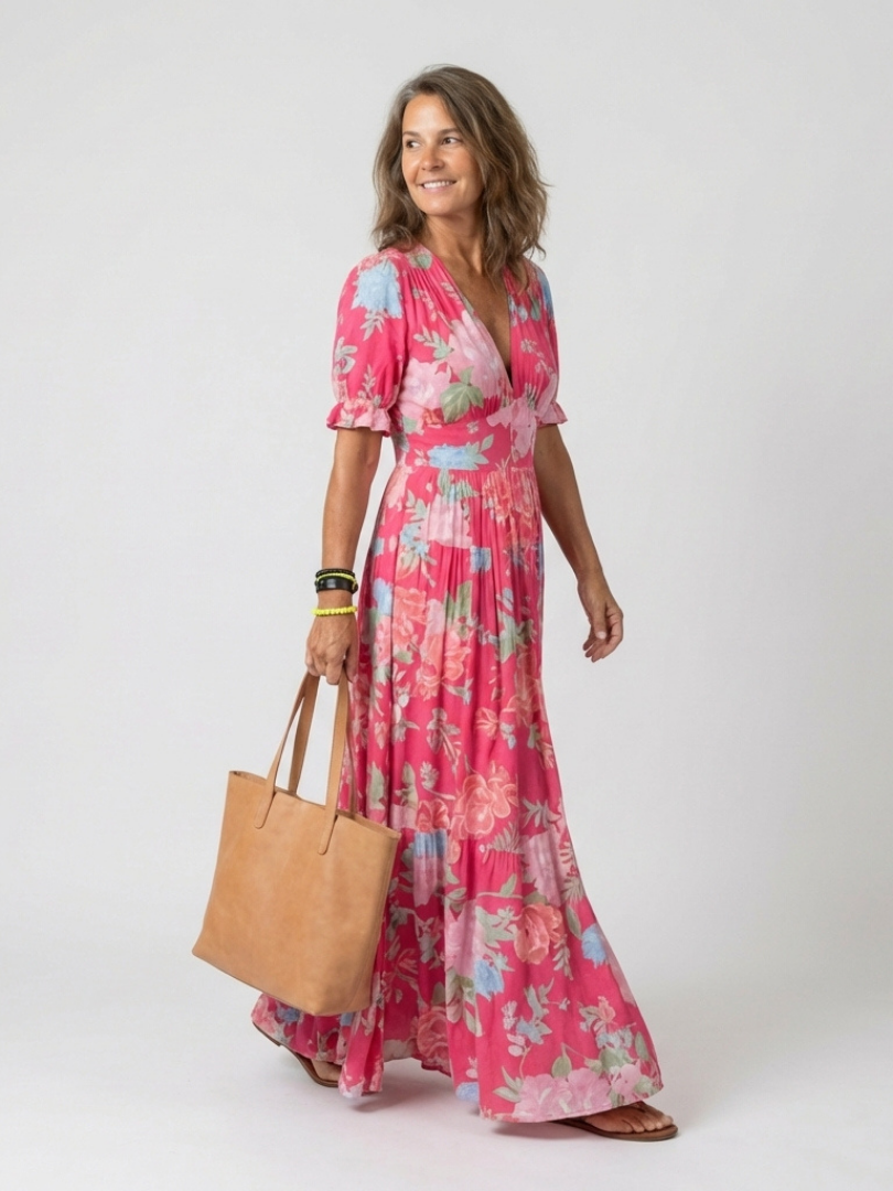 Ione | Midi-jurk met bloemenprint, V-hals en korte mouw