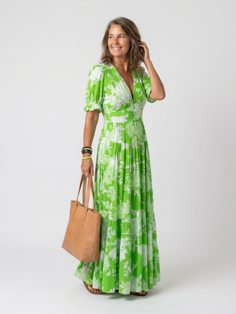 Ione | Midi-jurk met bloemenprint, V-hals en korte mouw