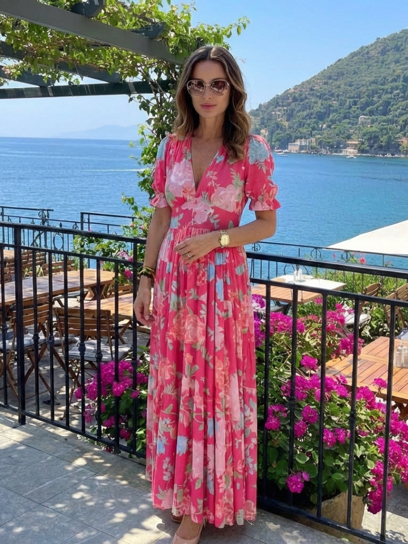 Ione | Midi-jurk met bloemenprint, V-hals en korte mouw