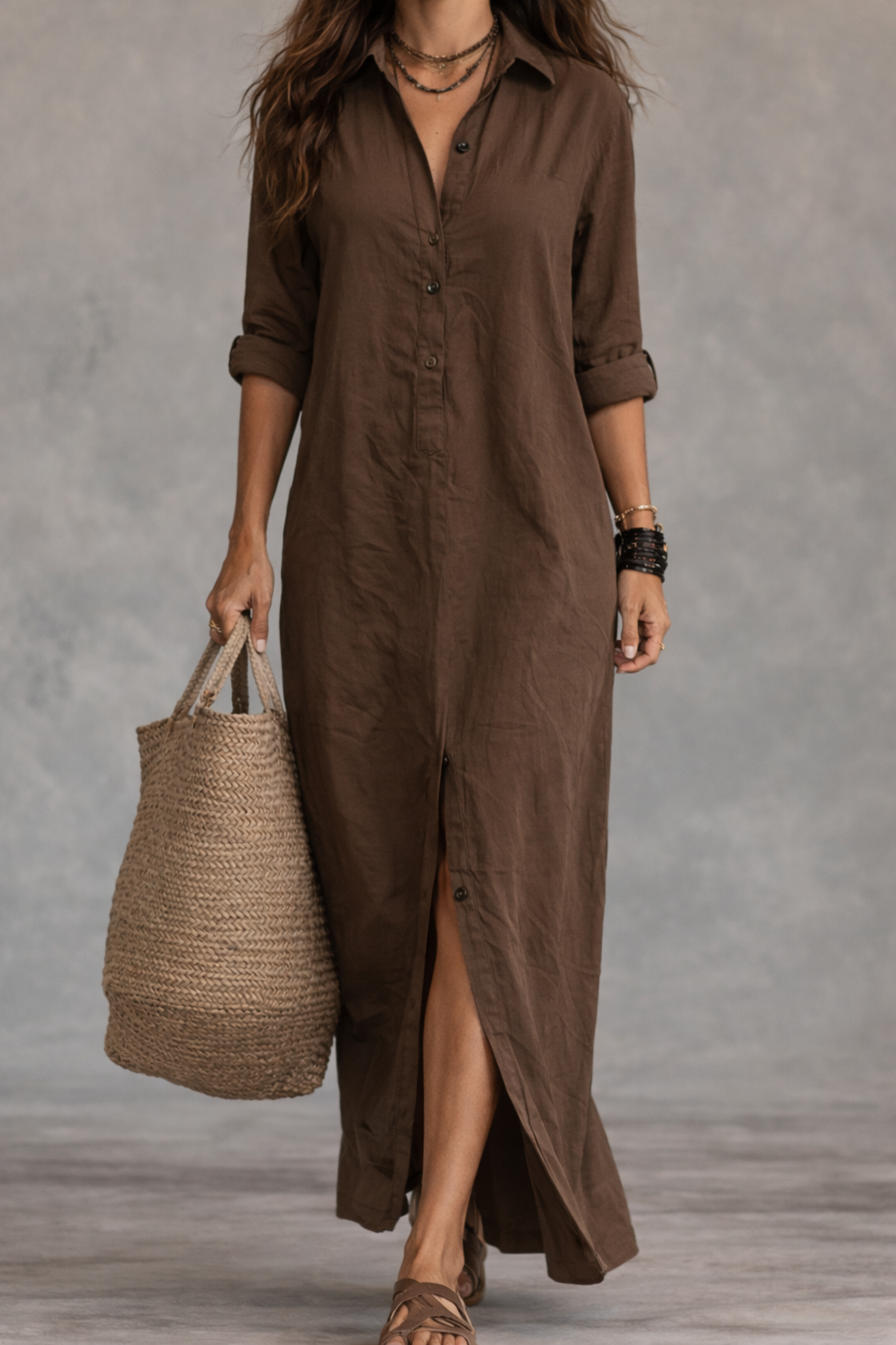 Zwart Knopen-Voorkant Bohemian Shirt Maxi Jurk