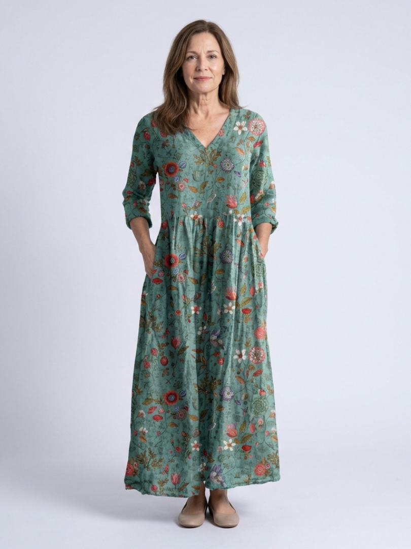 Marina | Maxi-jurk met bloemenprint, V-hals en driekwartmouw
