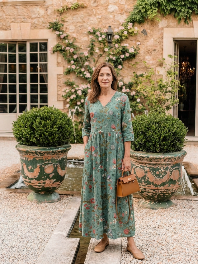 Marina | Maxi-jurk met bloemenprint, V-hals en driekwartmouw