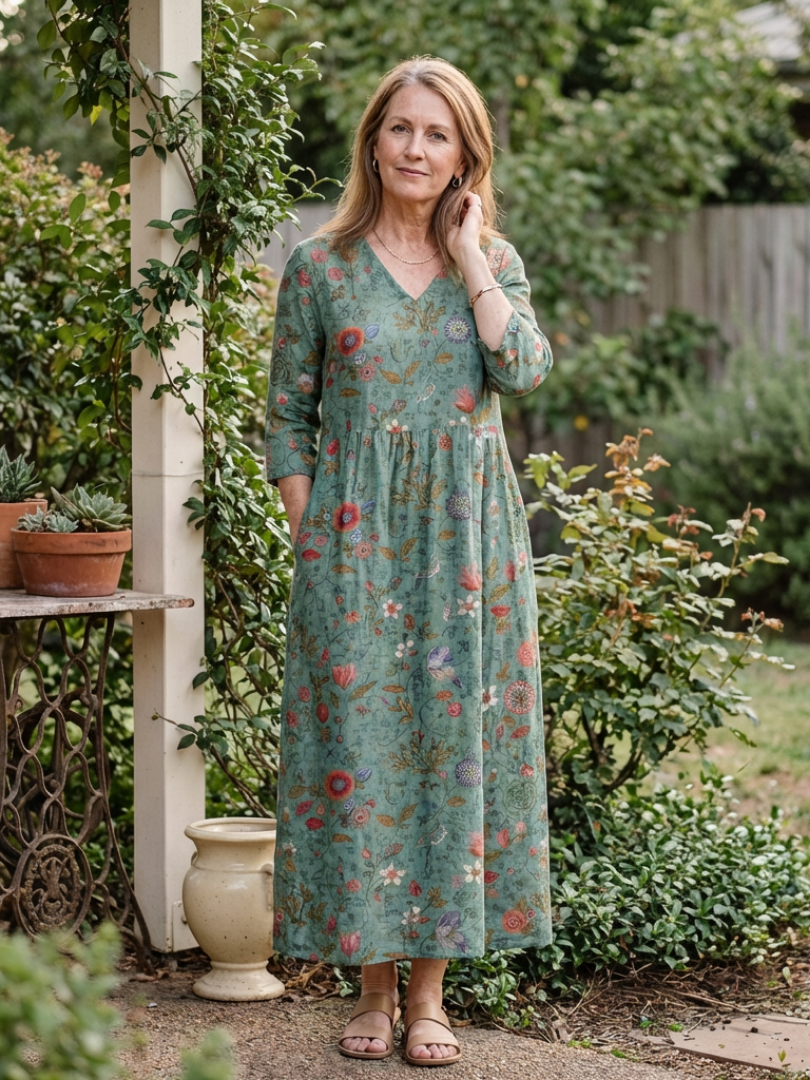 Marina | Maxi-jurk met bloemenprint, V-hals en driekwartmouw