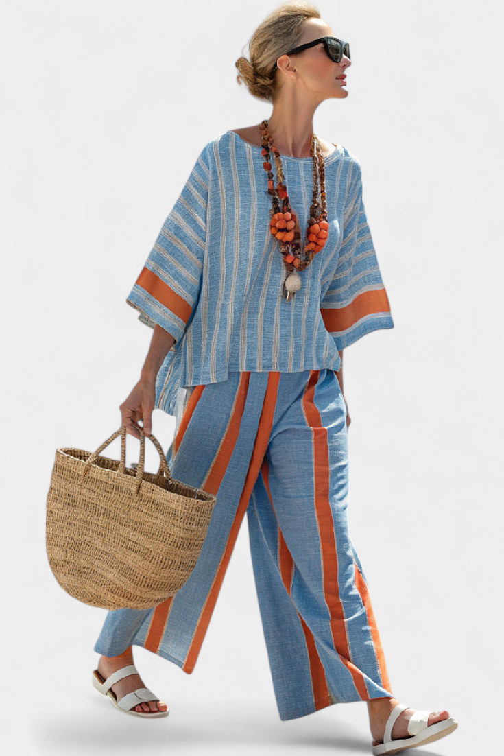 Velmere | Verfijnde gestreepte terracotta top & leren broek