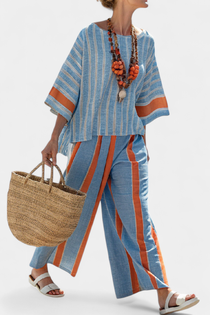 Velmere | Verfijnde gestreepte terracotta top & leren broek