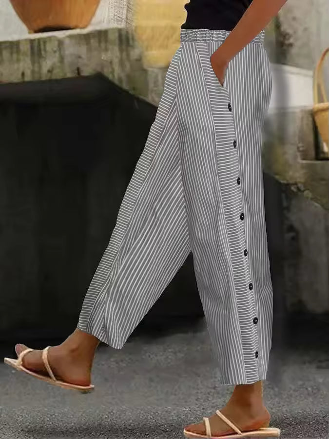 ELENA | Lichte Zomerbroek met Dunne Strepen en Zijknopen voor Casual Chic Stijl