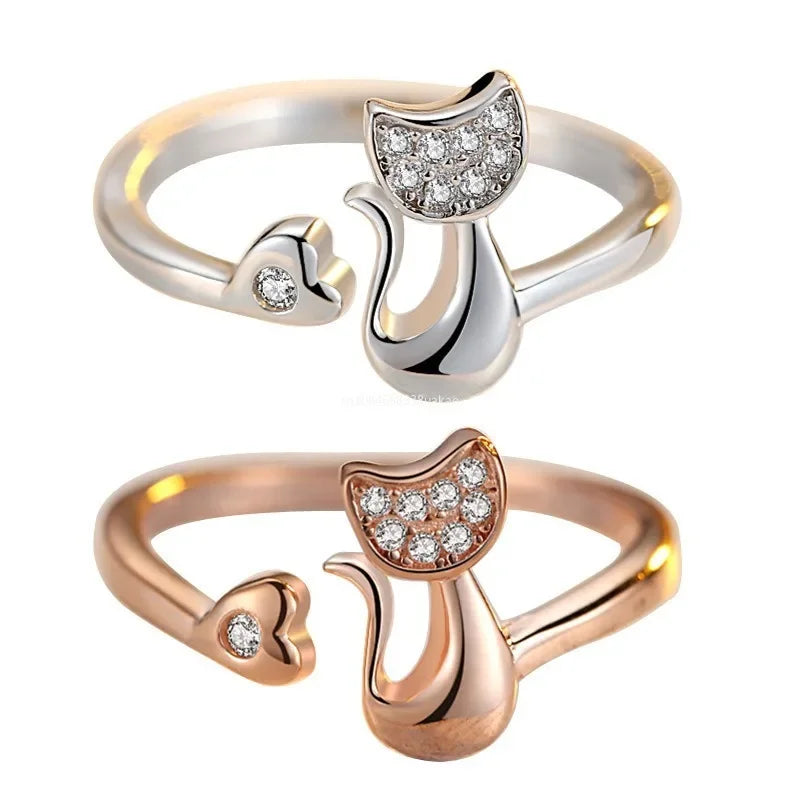 Open ring met schattige kat – Zirkonia