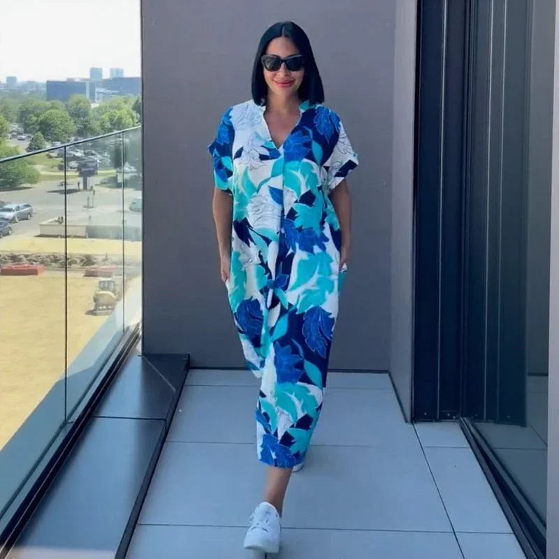 Vestido Oceania™ In Viscose met Ruime Snit en Tropische Print