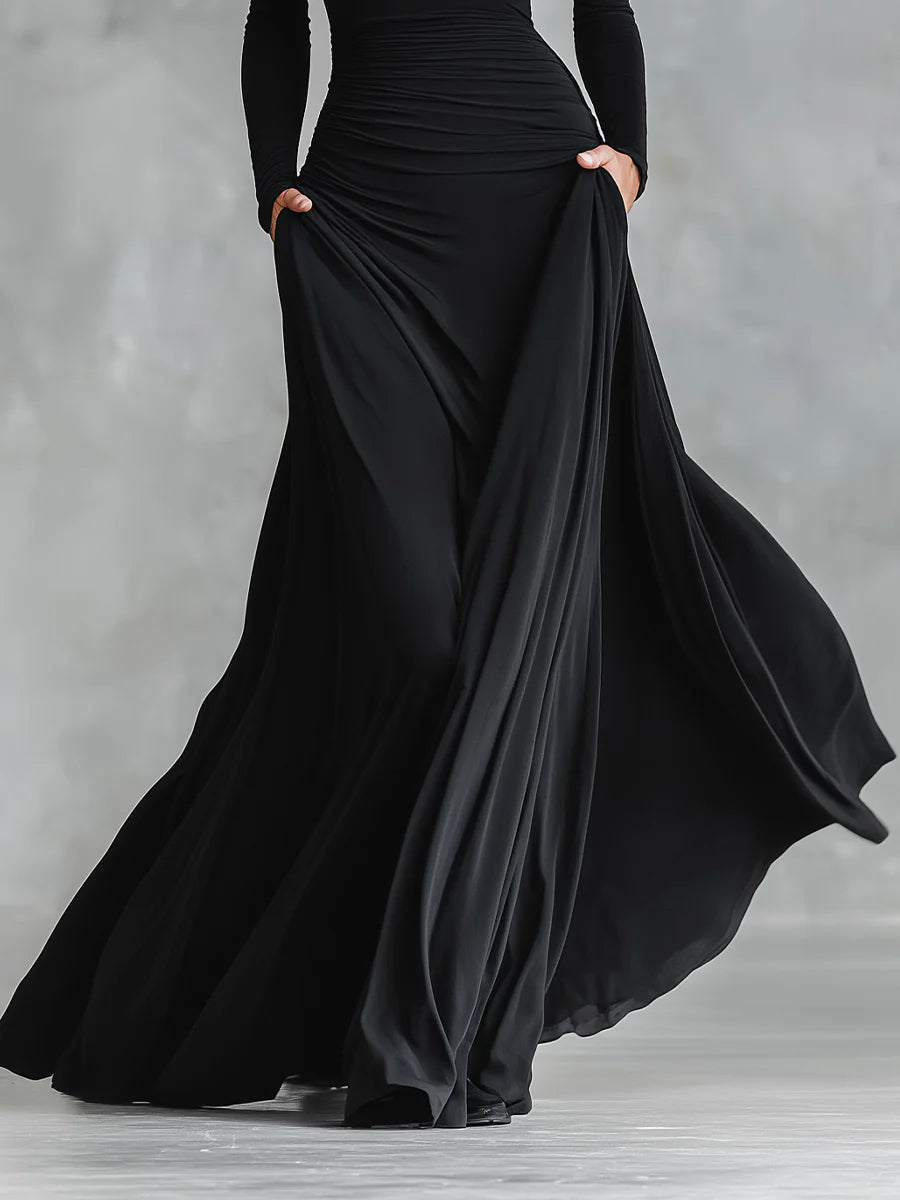 Zwart moderne crepe geplooide bootneck lange jurk