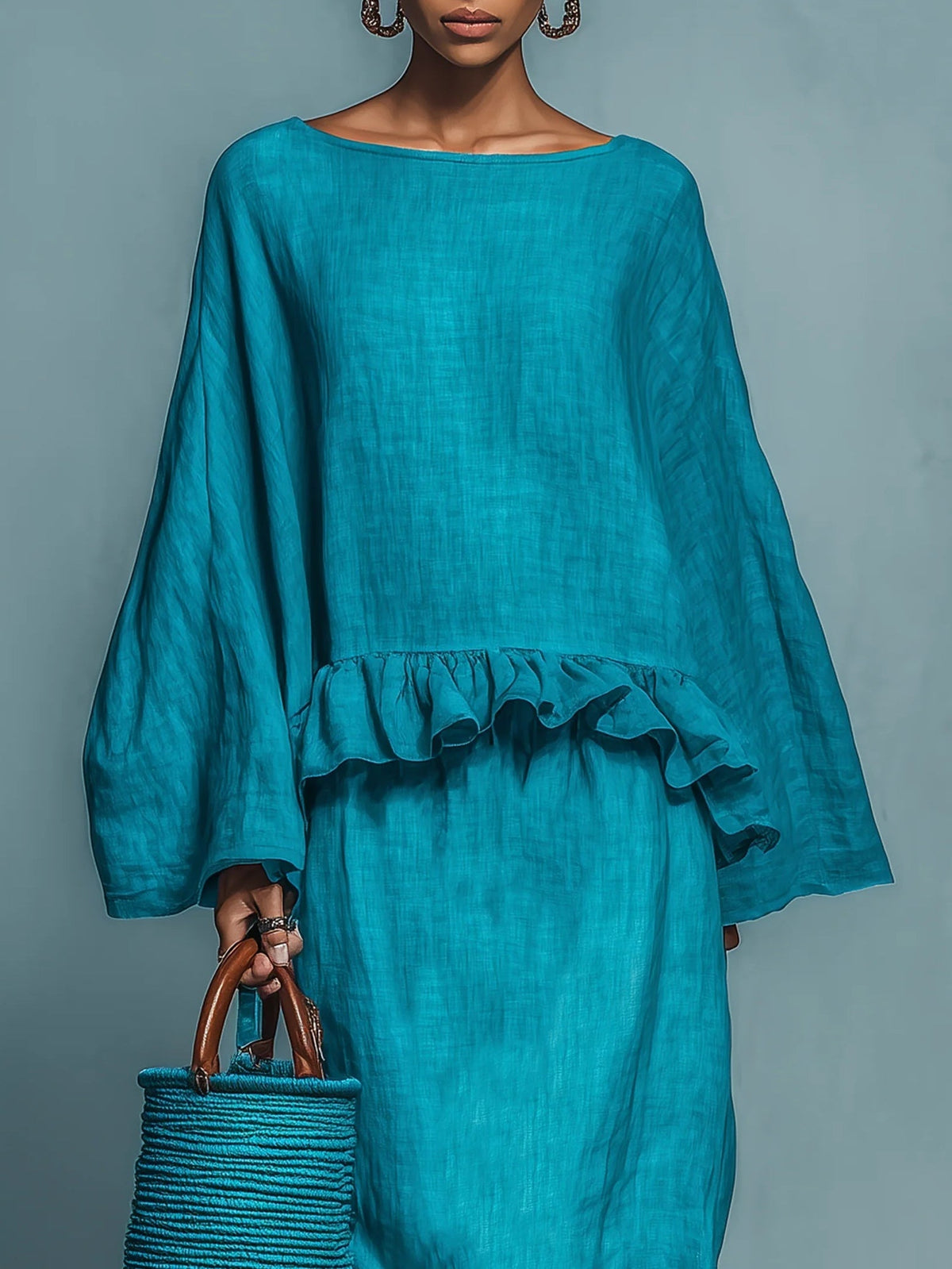 Blauwe Gerimpelde Blouse En Rechte Rok Set