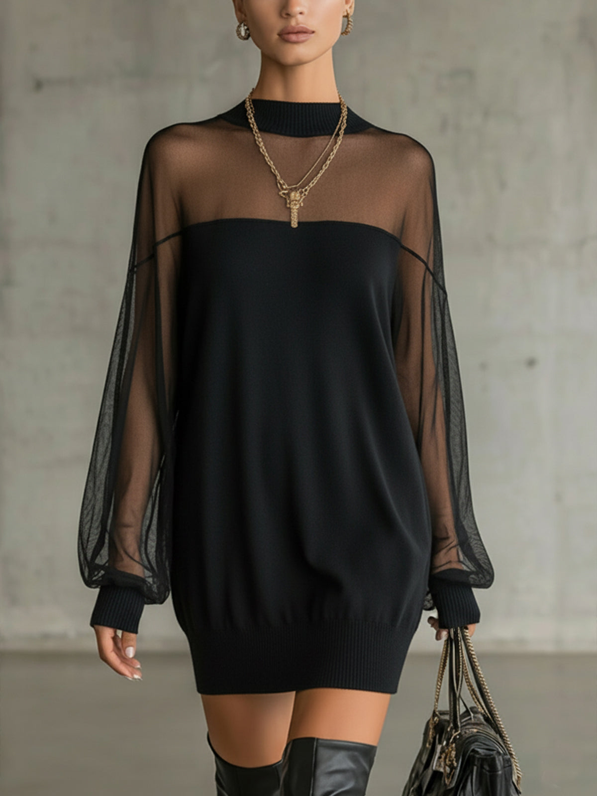 Amélie™ | Elegante Zwarte Mini Jurk met Mesh Mouwen