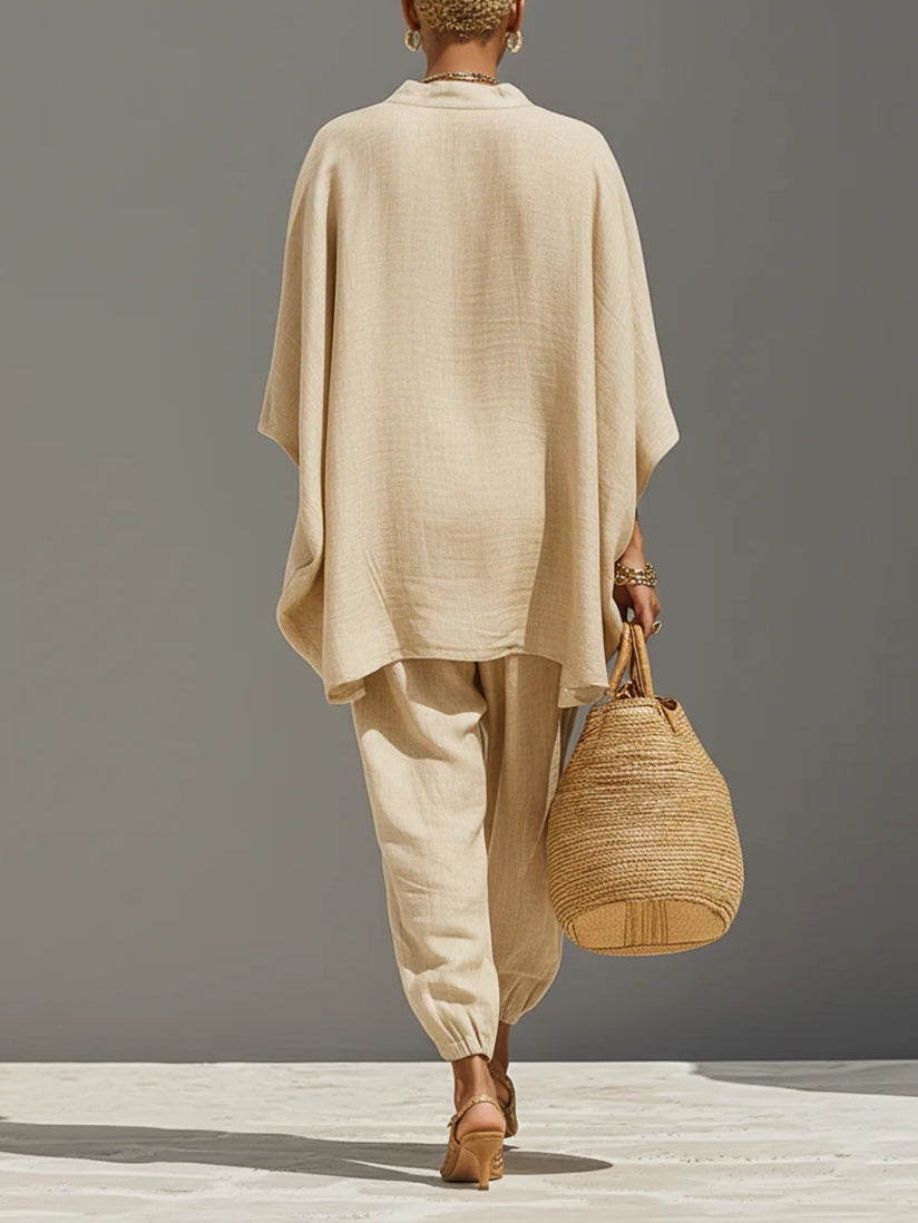 Licht Khaki Minimalistische Asymmetrische Hem Top En Joggingbroek Set