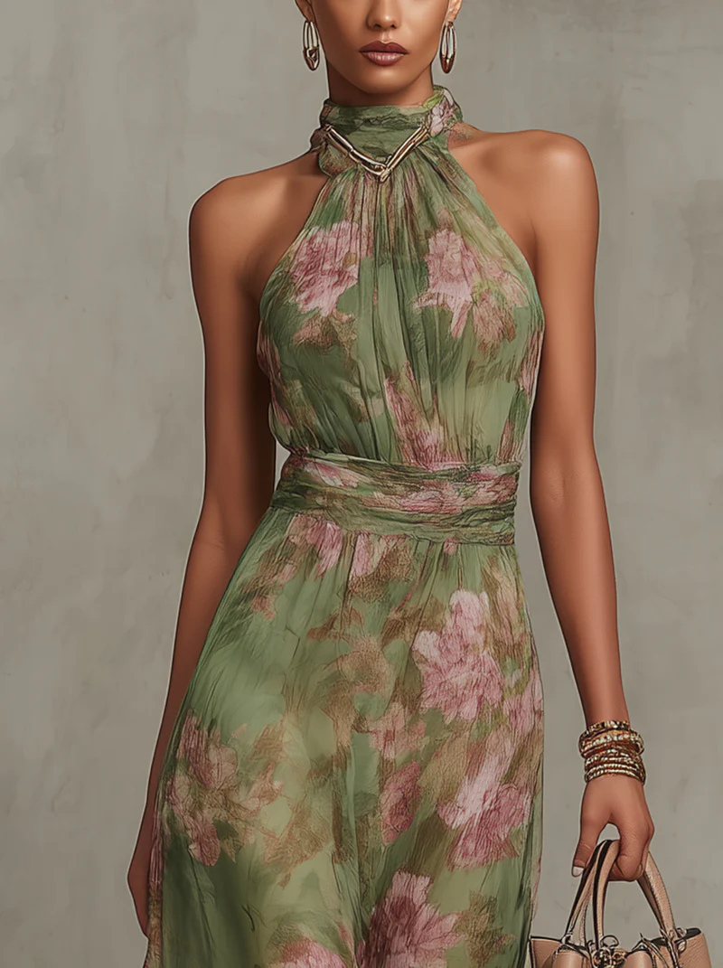 Livia | Elegante Maxi Jurk met Bloemen Halter