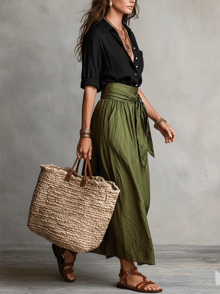 Zwarte Shirt En Olijfgroene Midi Rok Twee-delige Set