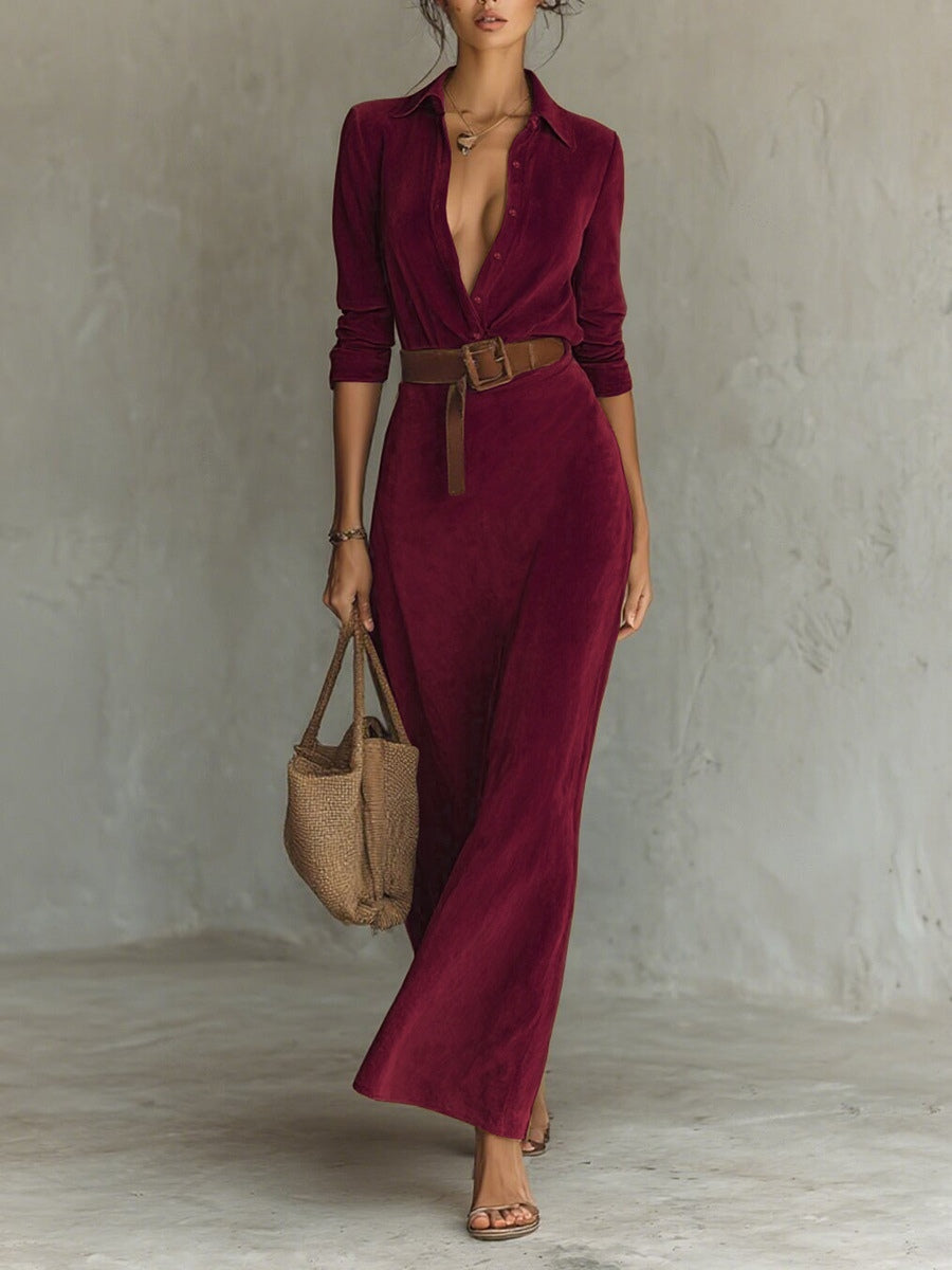 Juline™ | Suèdelook Maxi Jurk met Revers