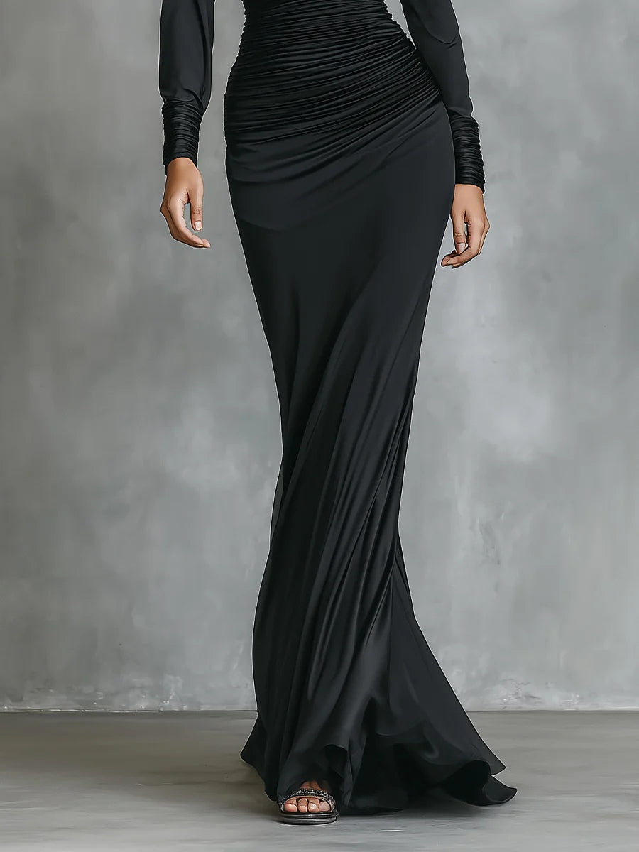 Célina™ | Satijnen One-Shoulder Maxi Jurk in Zwart