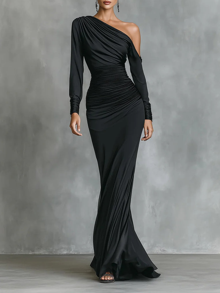 Célina™ | Satijnen One-Shoulder Maxi Jurk in Zwart