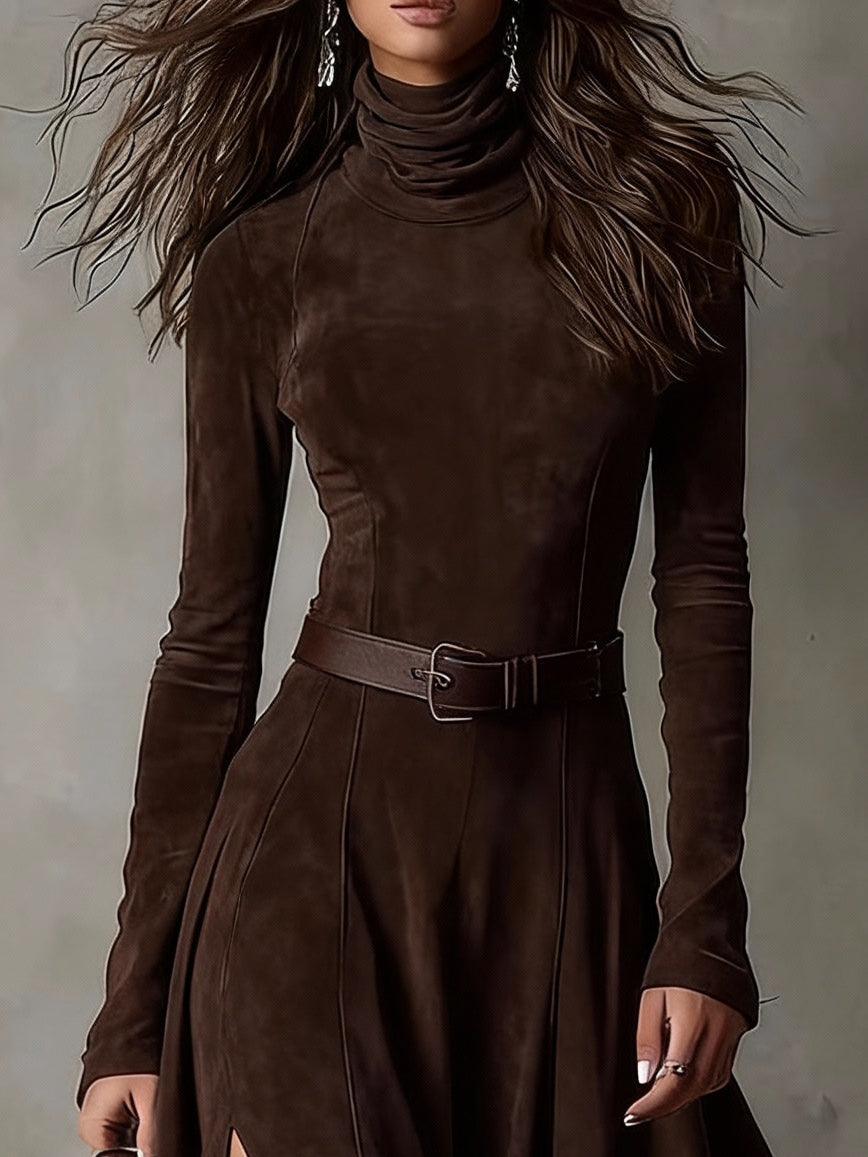 Donkerbruin Faux Suede Turtleneck Lange Mouw Split Maxi Jurk