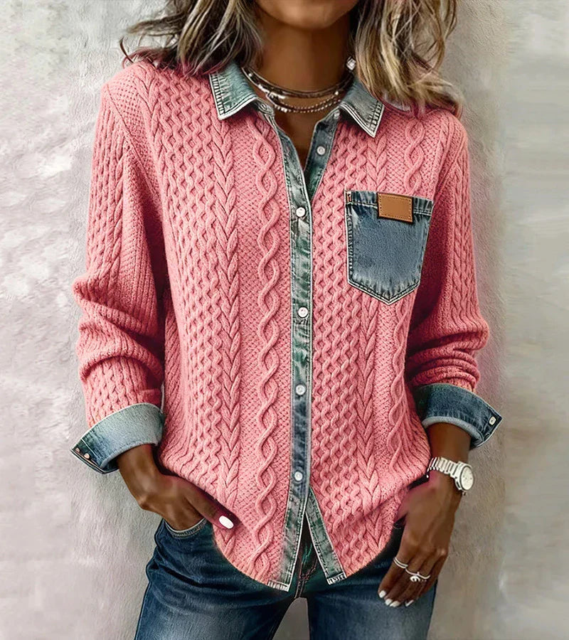 AMBRA - Gebreide Patchwork Top met Denim Details