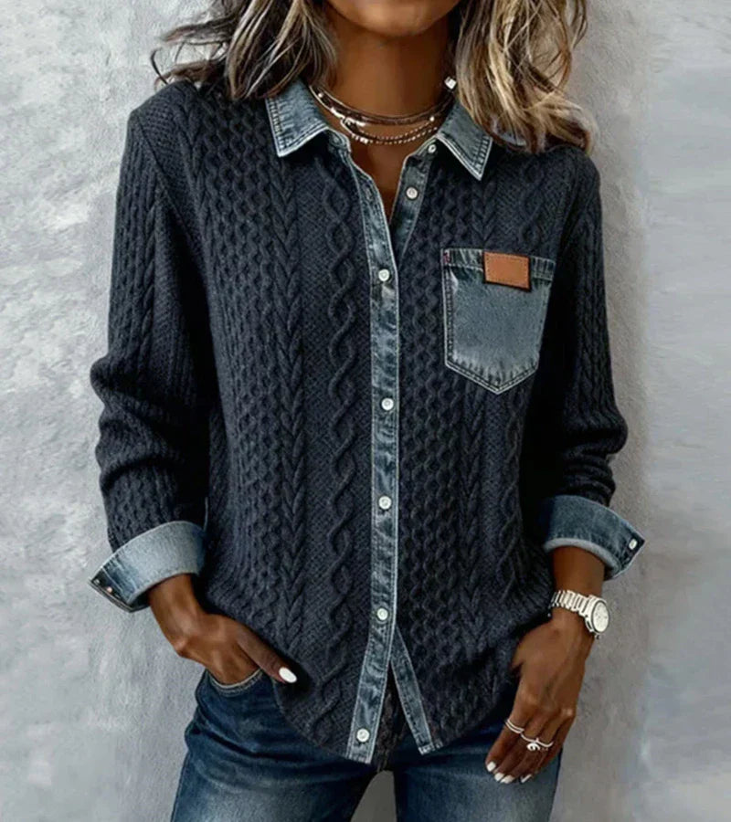 AMBRA - Trui in Patchwork met Denim Details