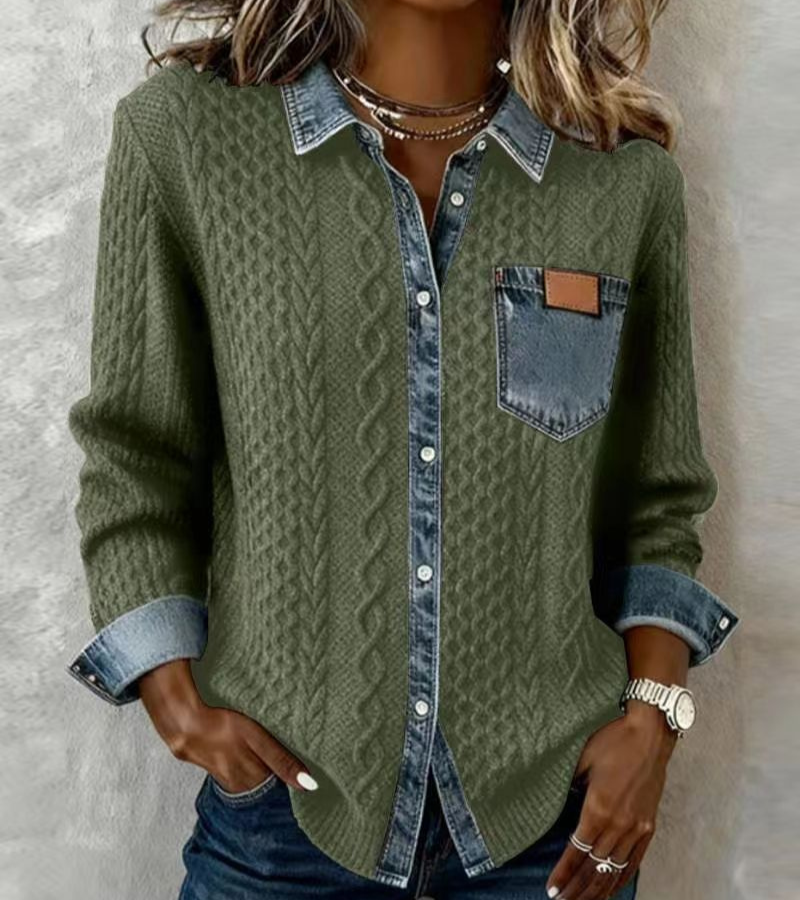 AMBRA - Gebreide Patchwork Top met Denim Details