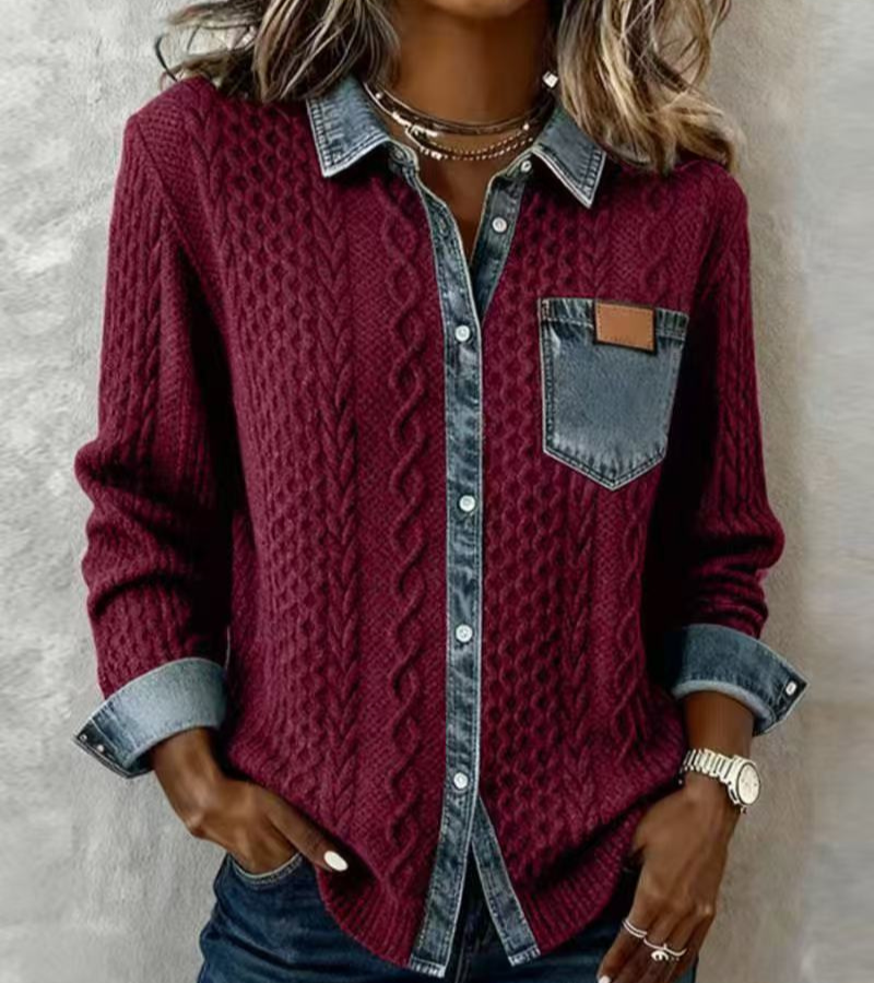 AMBRA - Gebreide Patchwork Top met Denim Details