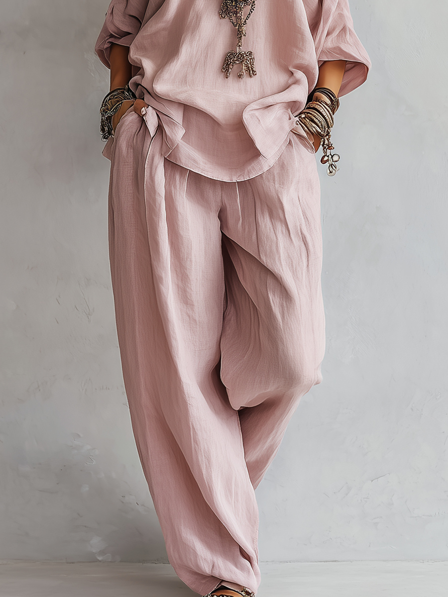 Casual Lichtroze Wijde Pantalon Set