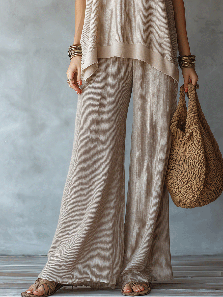 Moeiteloos Boho Mouwloos Textuur Top & Brede Pantalon Set