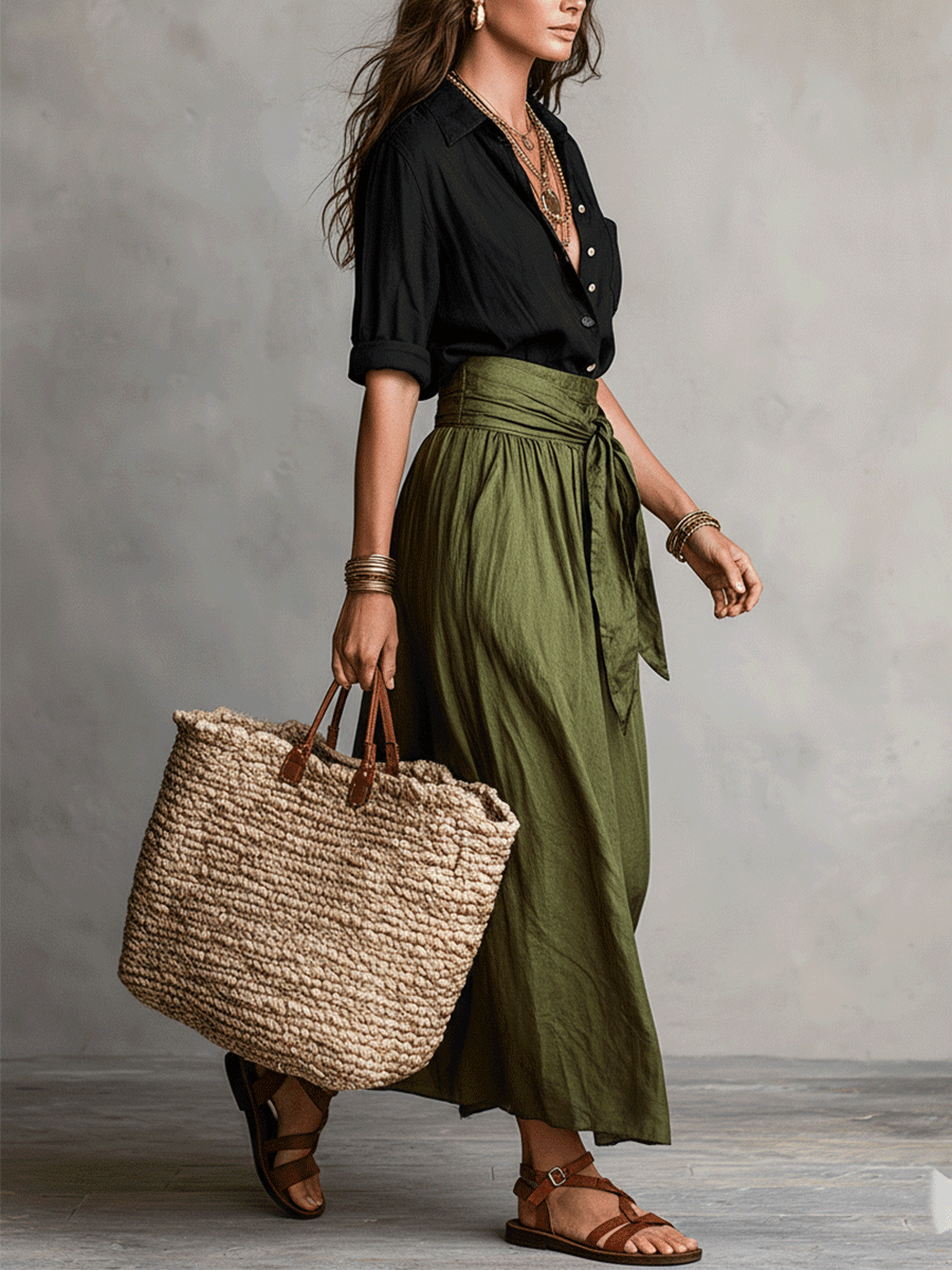 Moeiteloze Boho Zwarte Blouse & Olijf Midi Rok Set