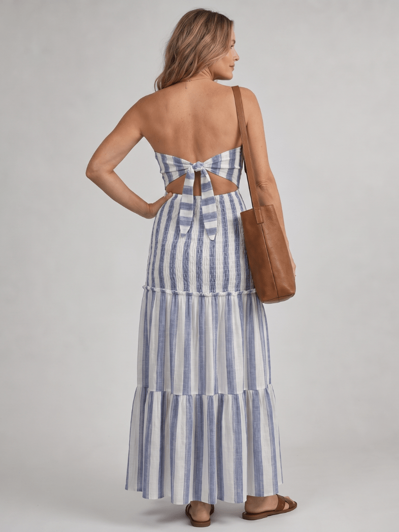 Azaria | Strapless Midi-jurk met Gelaagde Gestreepte Rok