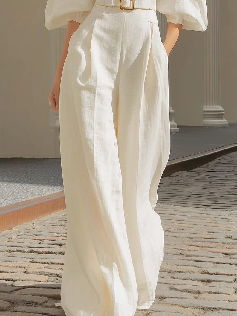 Witte V-hals lantaen mouw brede pijpen jumpsuit (Inclusief riem)