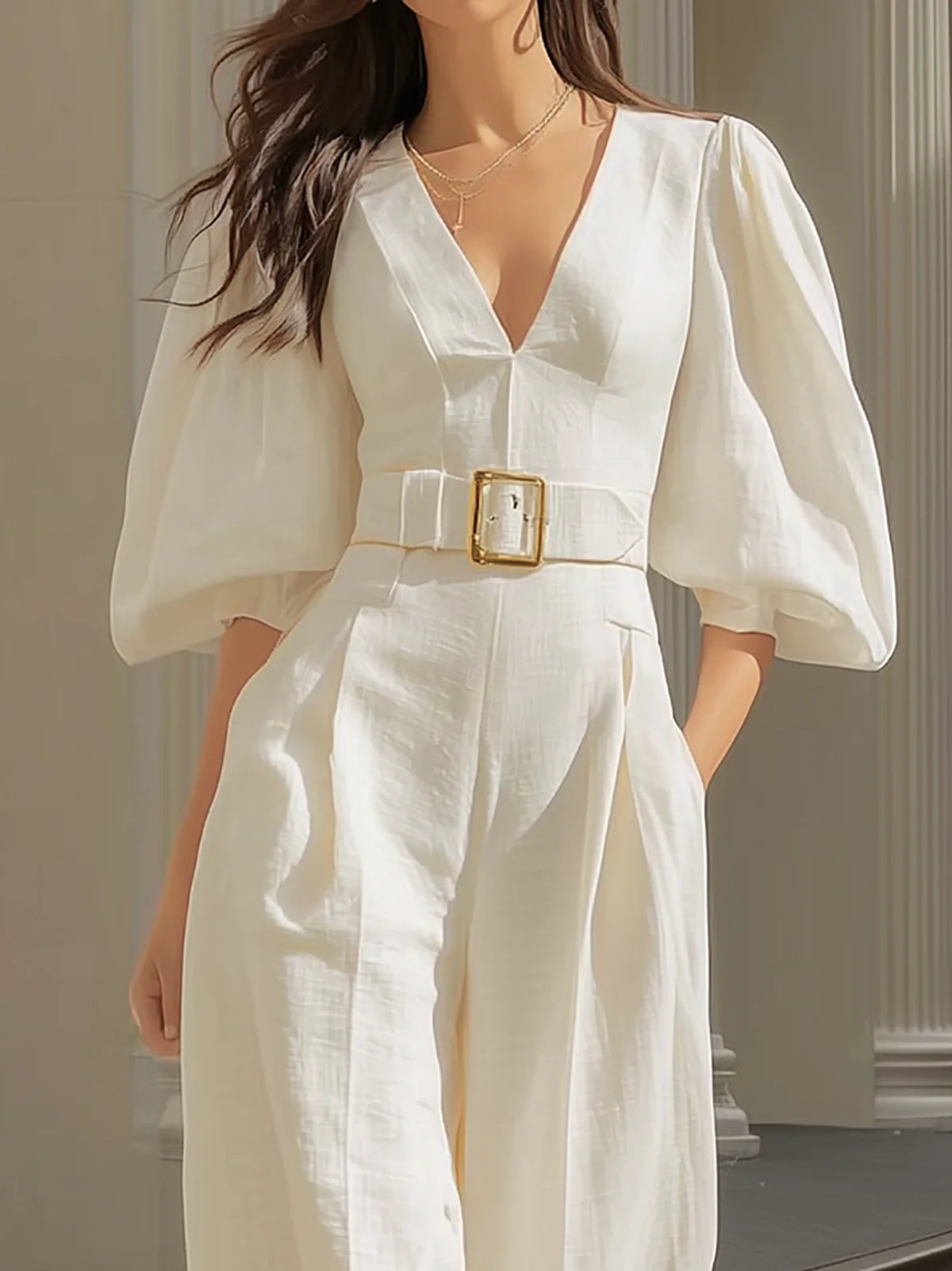 Witte V-hals lantaen mouw brede pijpen jumpsuit (Inclusief riem)