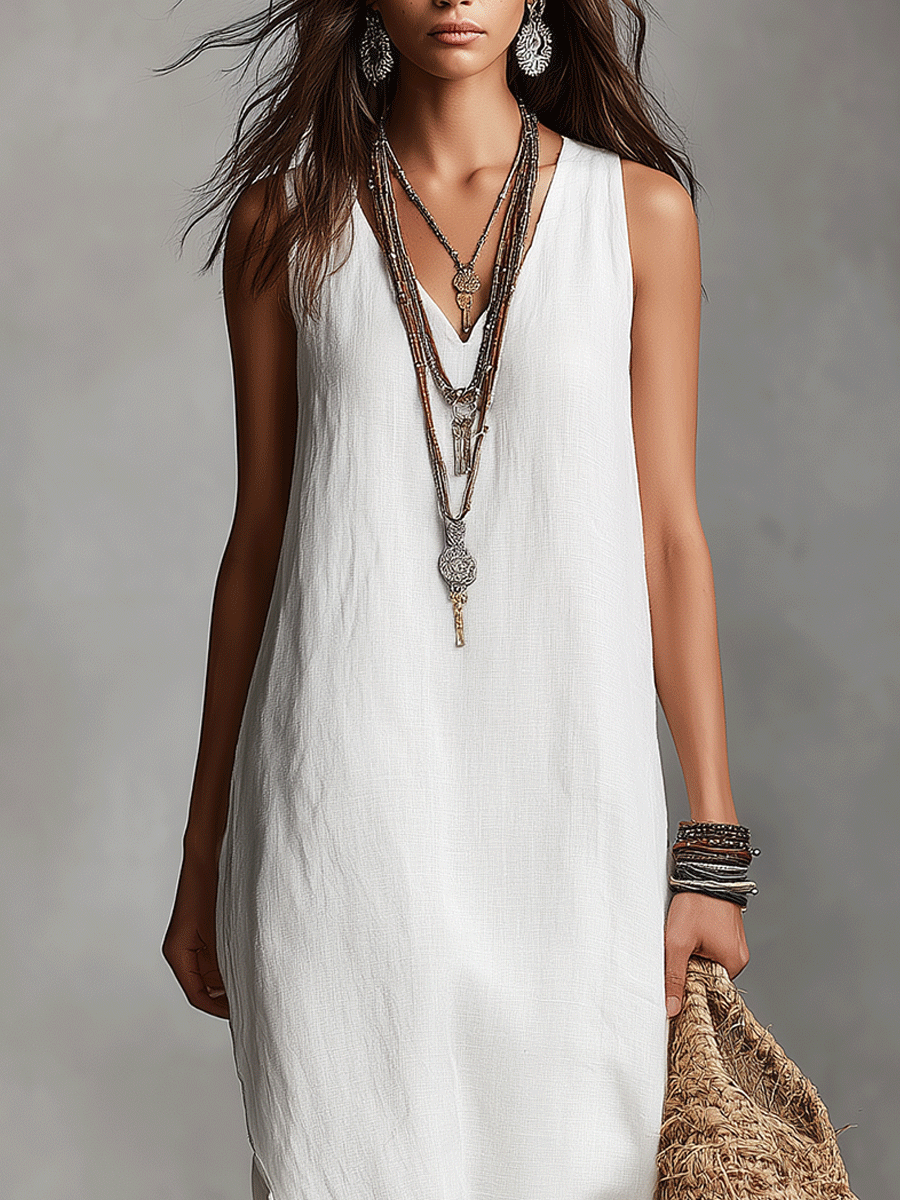 Chic Witte Mouwloze V-Hals Maxi Jurk