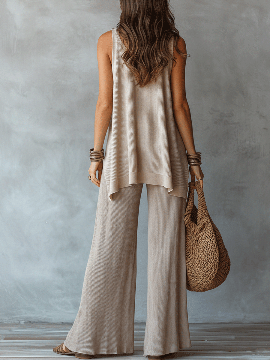 Moeiteloos Boho Mouwloos Textuur Top & Brede Pantalon Set