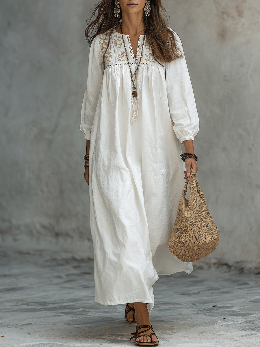 Bohemian Witte Maxi Jurk Met Bloemembroidery En Ballonmouwen