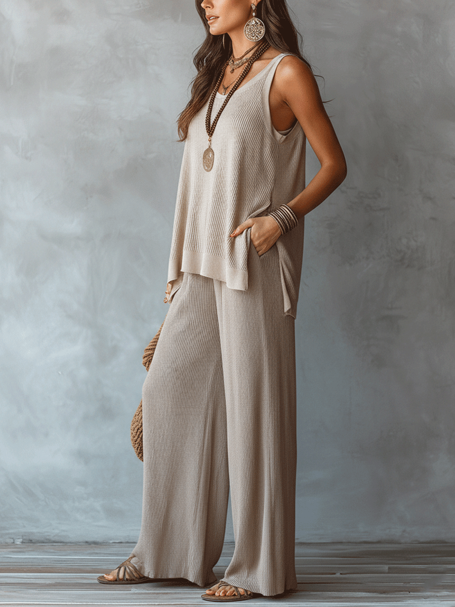 Moeiteloos Boho Mouwloos Textuur Top & Brede Pantalon Set