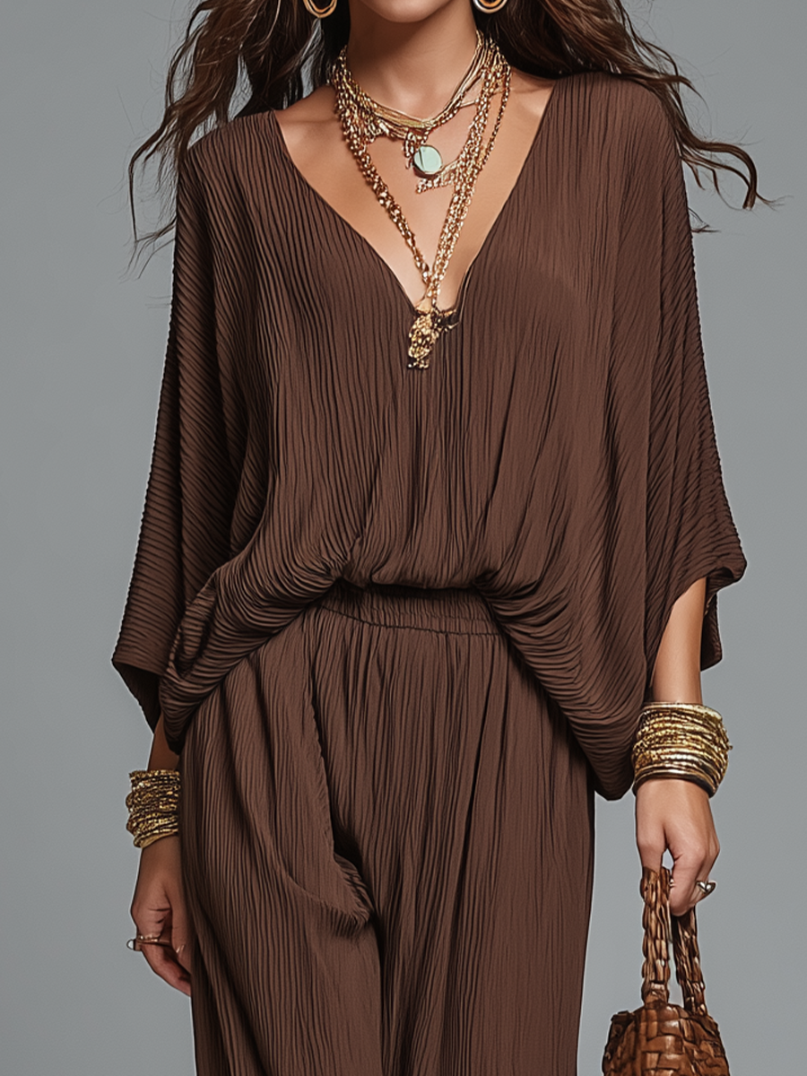 Warme Espresso Textuur V-Hals Batwing Mouw & Harem Broek Co-ord Set