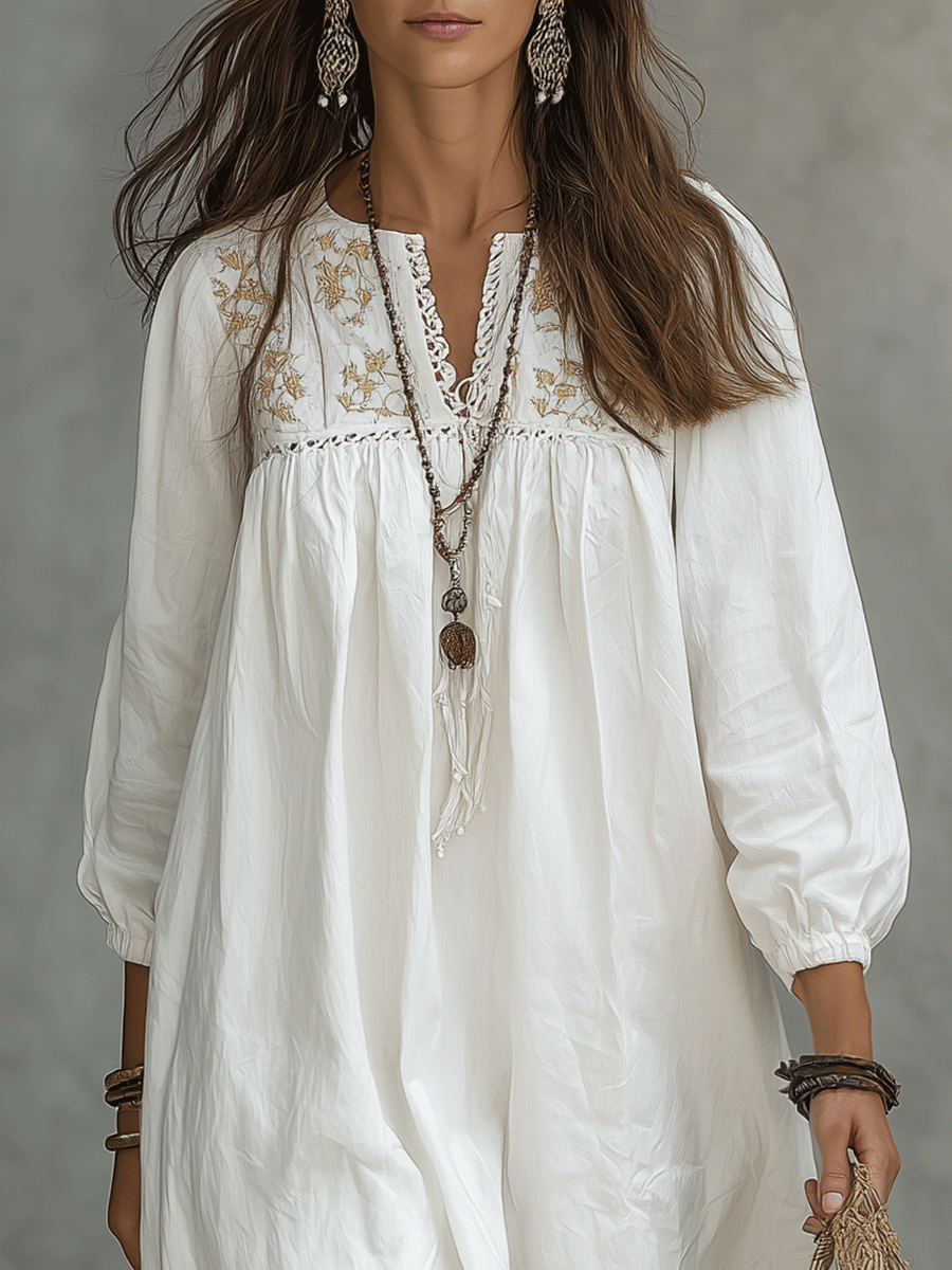 Bohemian Witte Maxi Jurk Met Bloemembroidery En Ballonmouwen
