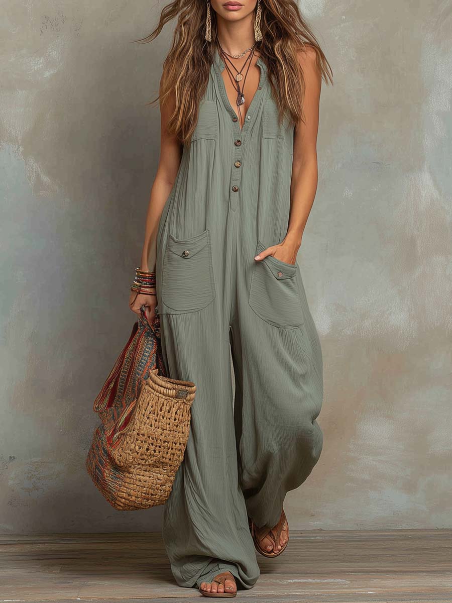 Jumpsuit met retro textuur en opgestikte zakken