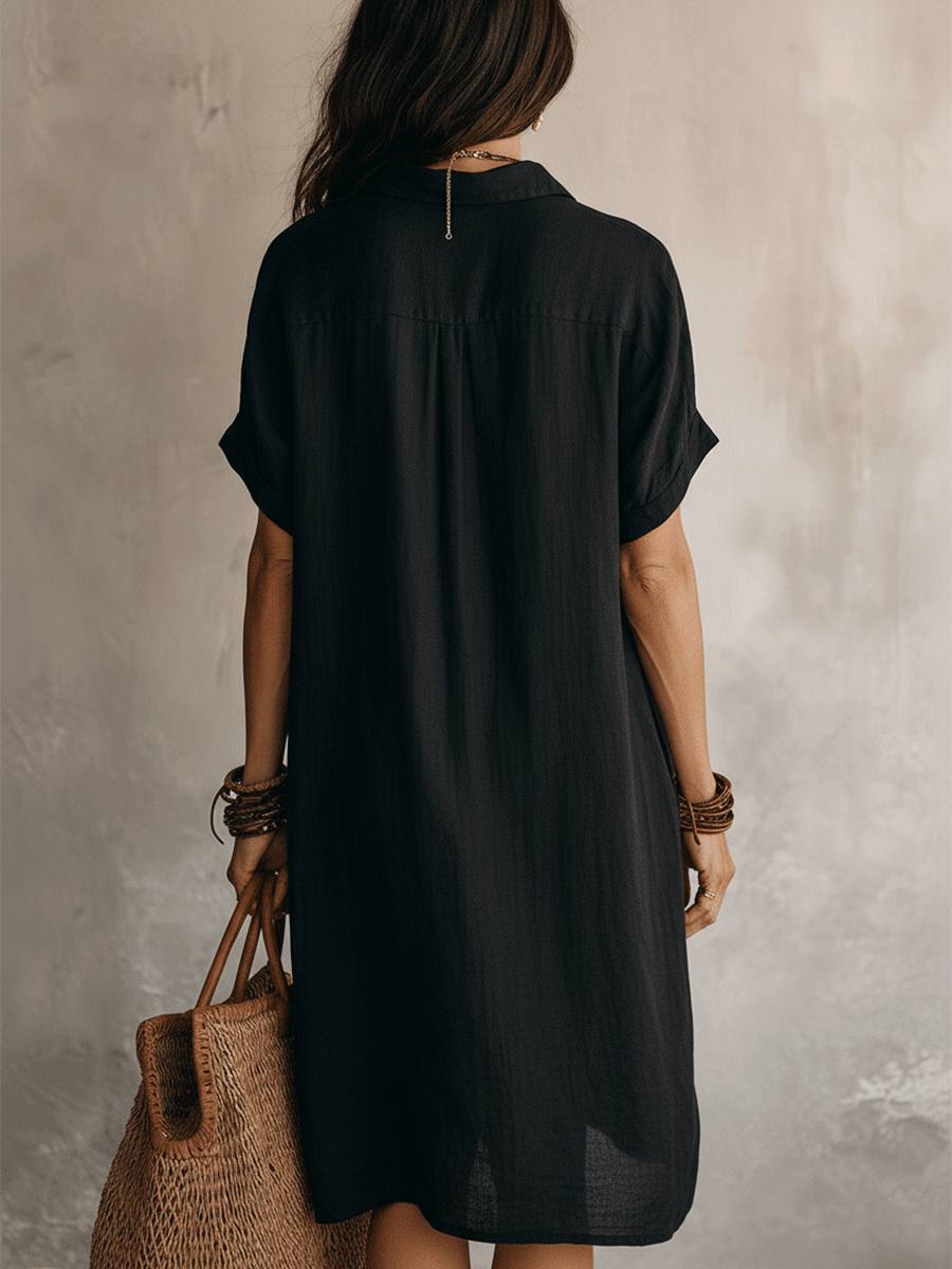 Moderne Boho Moeiteloze Zwarte Relaxed Midi Jurk