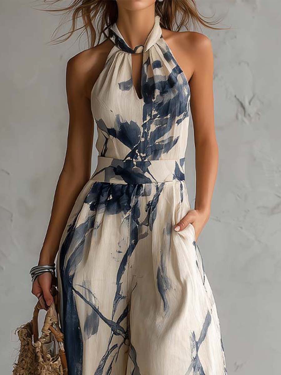 Halter Nek Inkt Was Print Brede Pijpen Jumpsuit Met Zakken