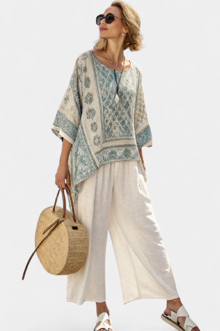 Quinley | Comfortabele Gedrukte Blouse en Witte Wijde Broek