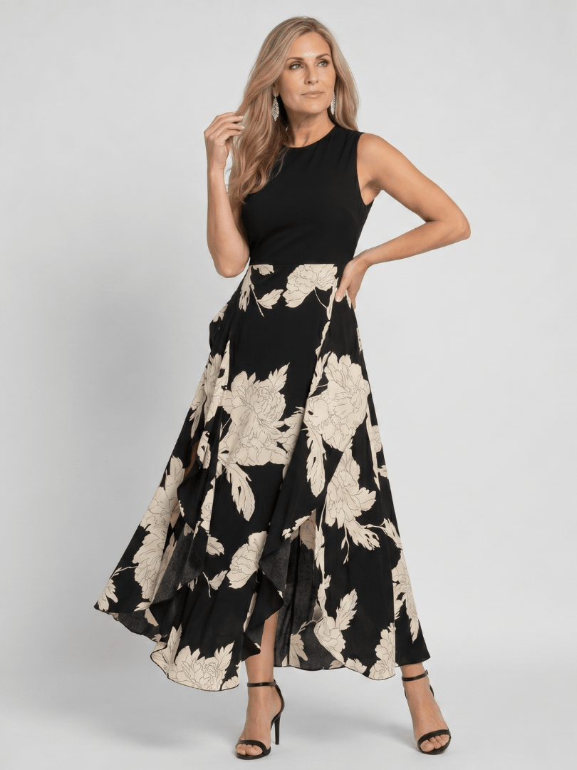Klasen | Mouwloze Midi-jurk met Bloemenprint en Hoog-laag Zoom