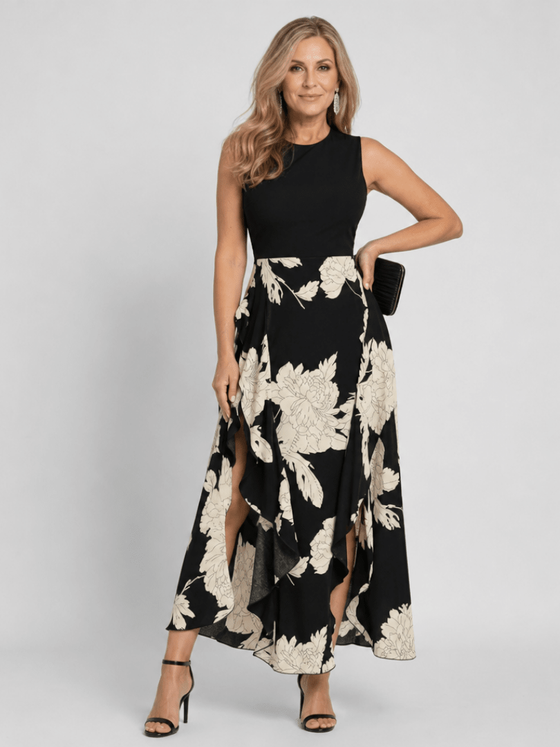 Klasen | Mouwloze Midi-jurk met Bloemenprint en Hoog-laag Zoom