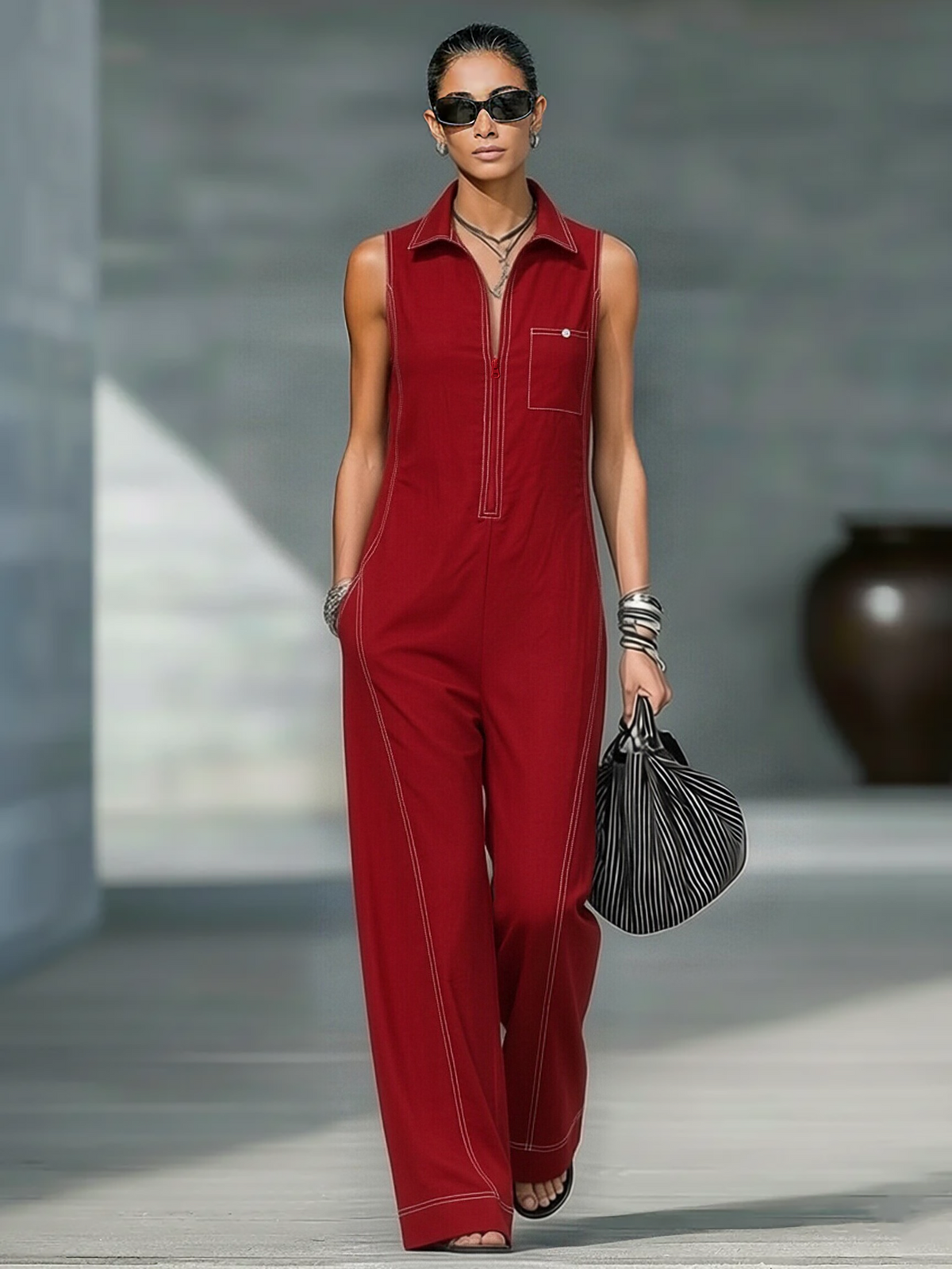 Noémie | Mouwloze jumpsuit minimalistisch met witte rand