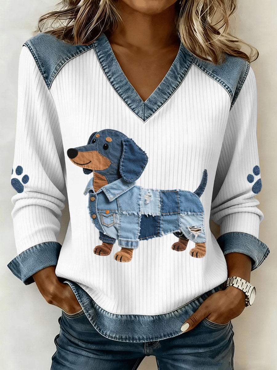 Sombra - Betoverende teckel voor dames met artistieke denim patchwork en V-hals